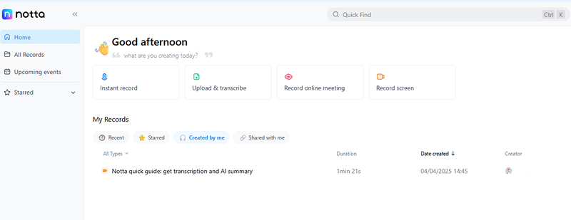Notta.ai main window