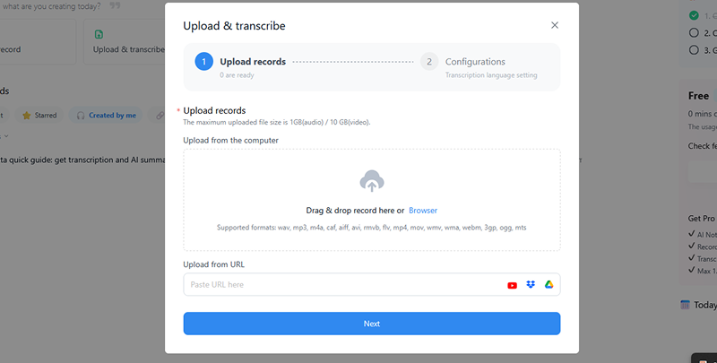 Notta.ai upload file for transcription
