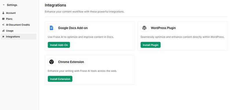 Frase.io integration menu
