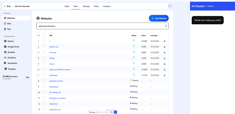 Chatnode.ai starting AI learning process from site