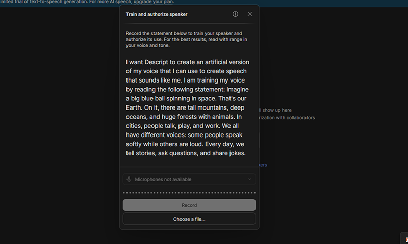 Descript voice cloning in progress