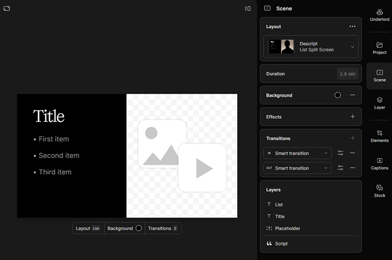 Descript video and audio editing tool window