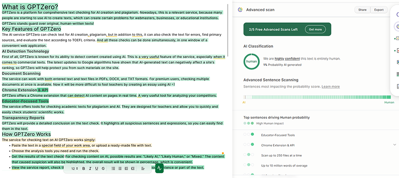 GPTZero highlight text, that written by human
