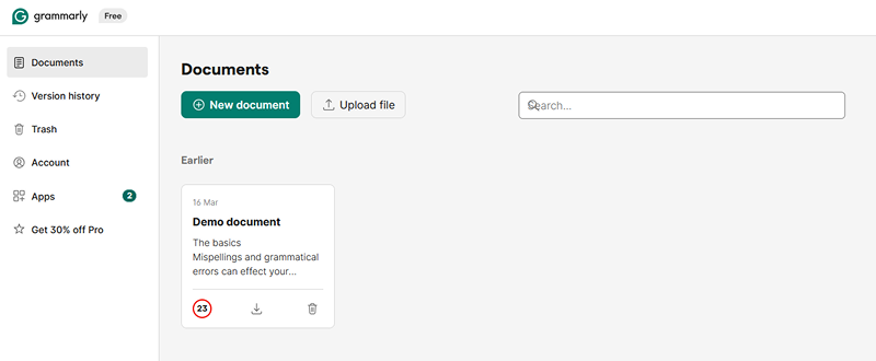 Grammarly web app main window