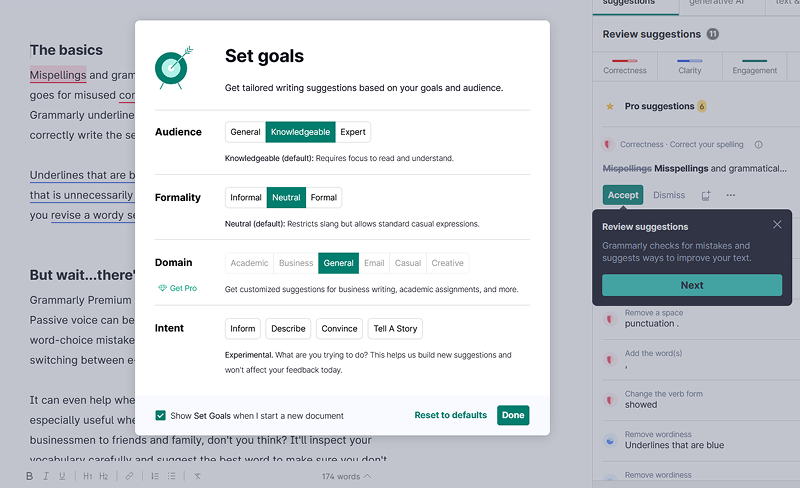 Grammarly spelling check settings
