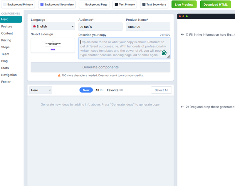 Main window of landing creator