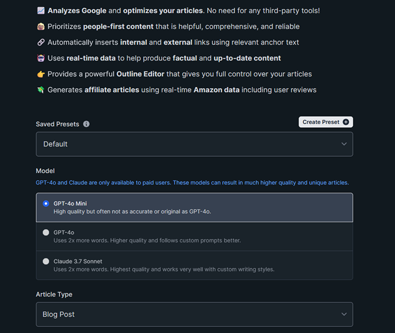Koala.sh articles generator tool main window