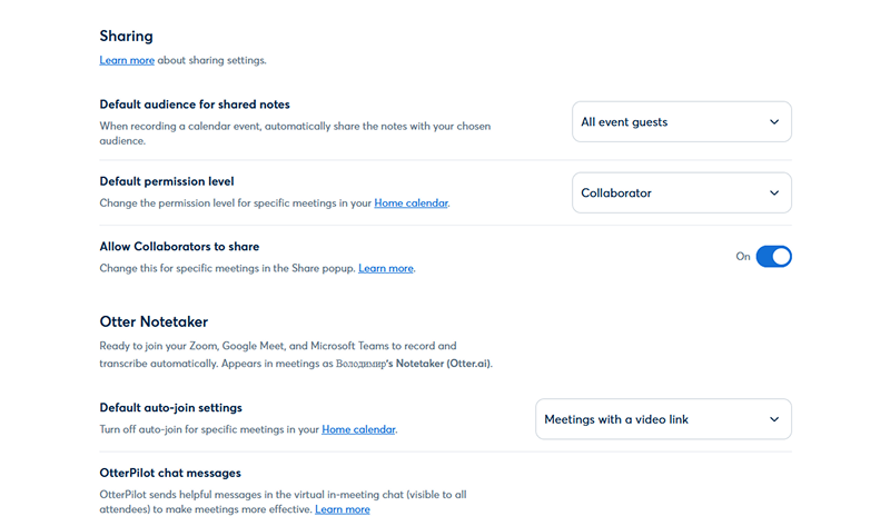 Otter.ai options window