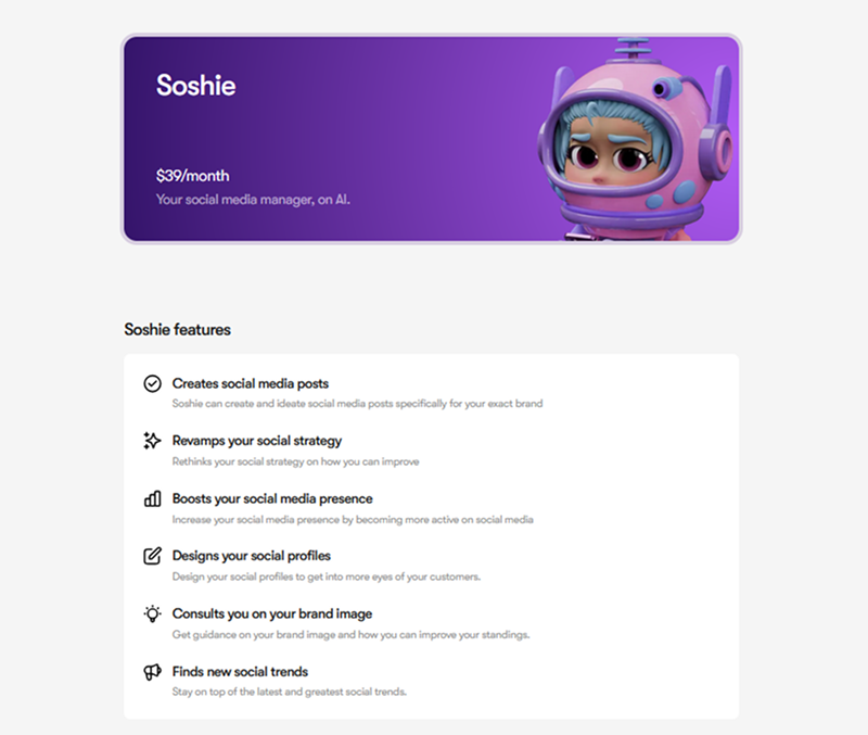 Sintra.ai AI employee Soshie page