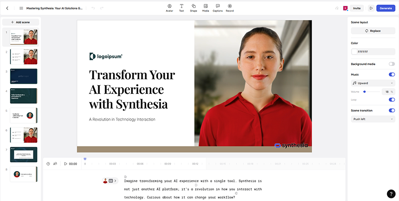 Video editor window on Synthesia.io AI tool