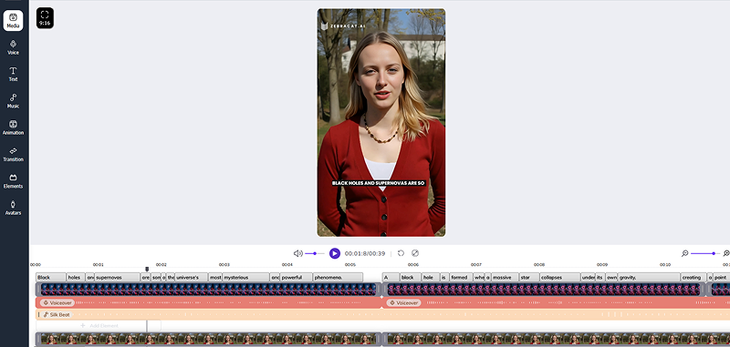 Video editing window in Zebracat.ai