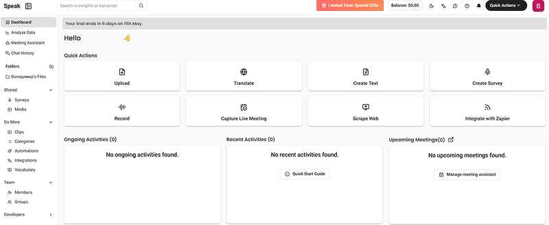 Speak AI main user`s dashboard