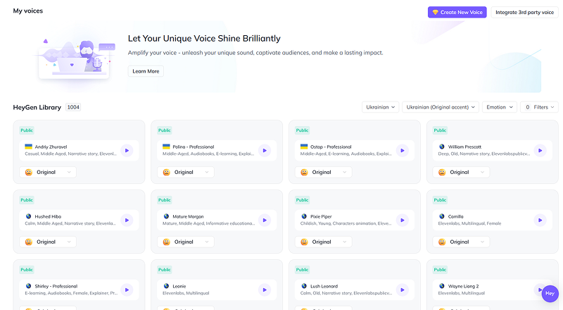 HeyGen can generate many different AI voices